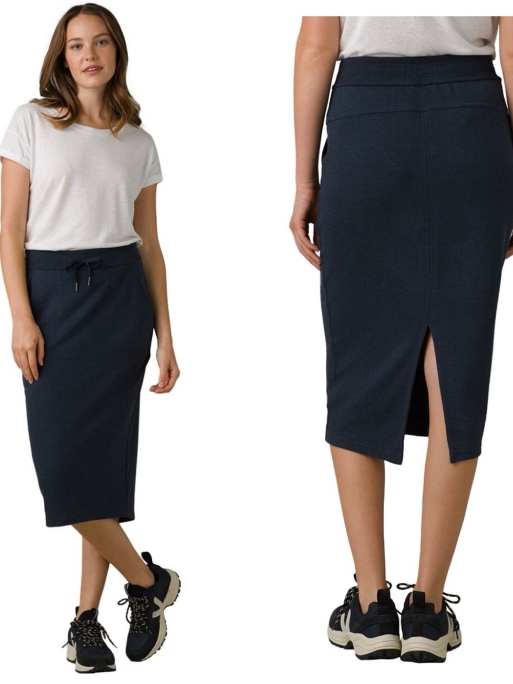 ✨prAna Cozy Up Navy Midi Drawstring Everyday Pencil Skirt  Back Slit SZ L✨